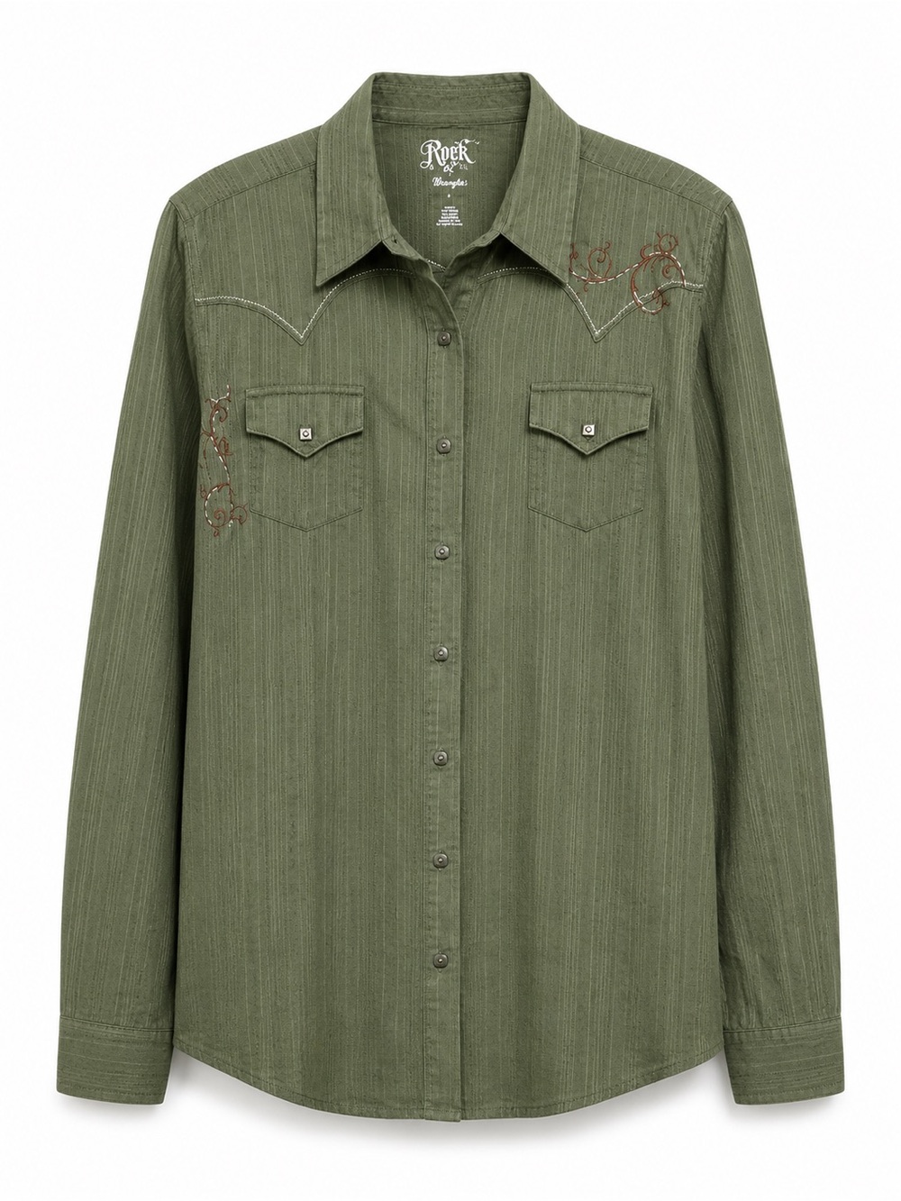 Rock 47 by Wrangler Women’s Large Embroidered Western Snap Shirt Olive Cotton L
